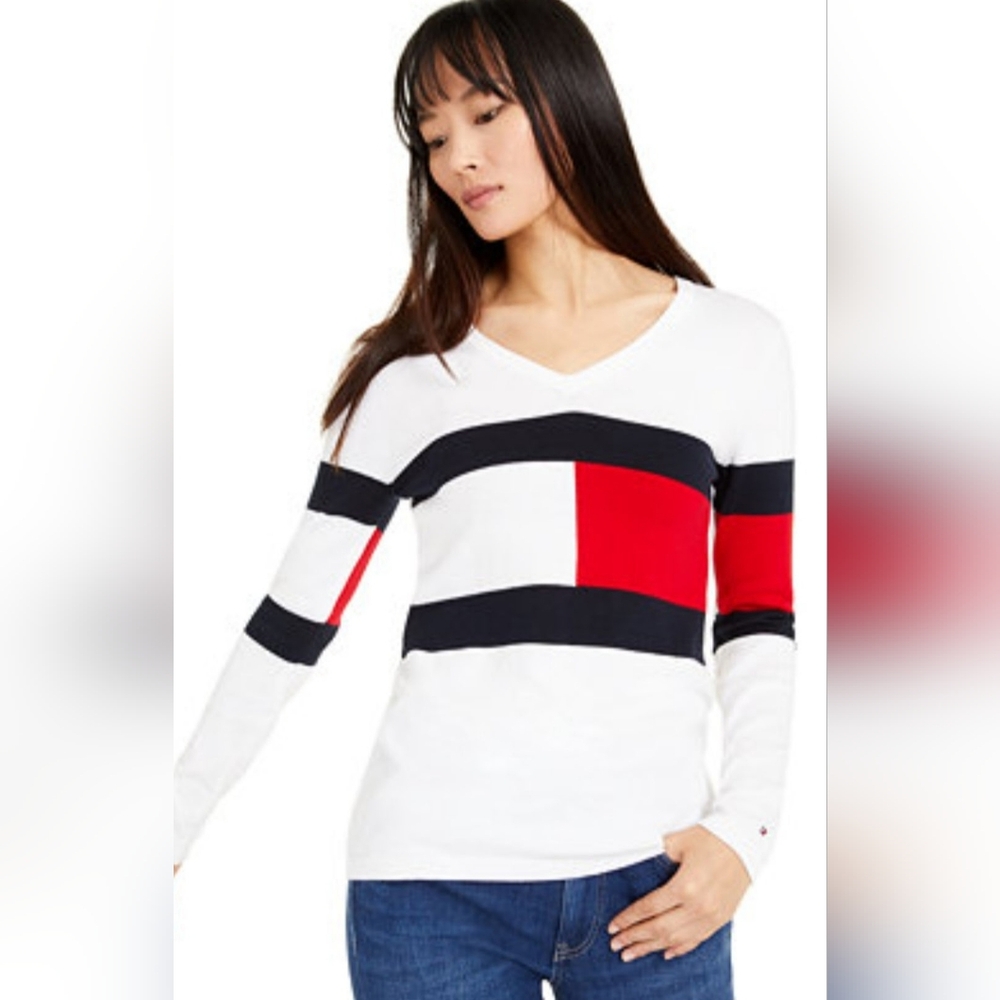 Tommy Hilfiger 100% Cotton Women's Colorblock Knit Sweater White/Red/Blue Medium - Picture 15 of 16